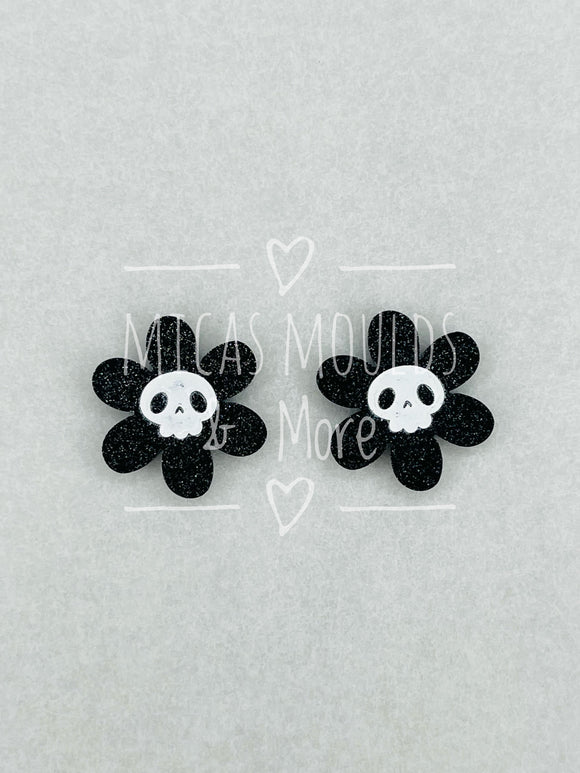 Acrylic Earring Studs - Flower Skull - Black Glitter (4 Pack)