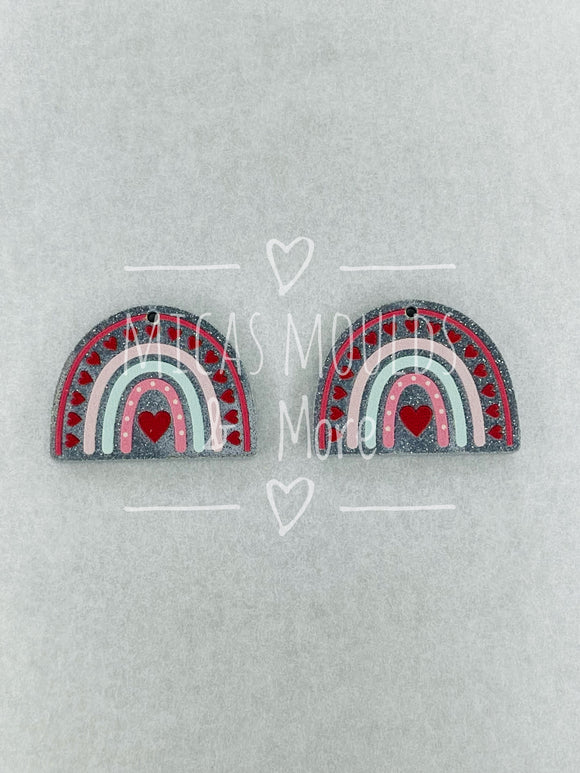 Acrylic Earring Components - Heart Rainbow Silver Glitter